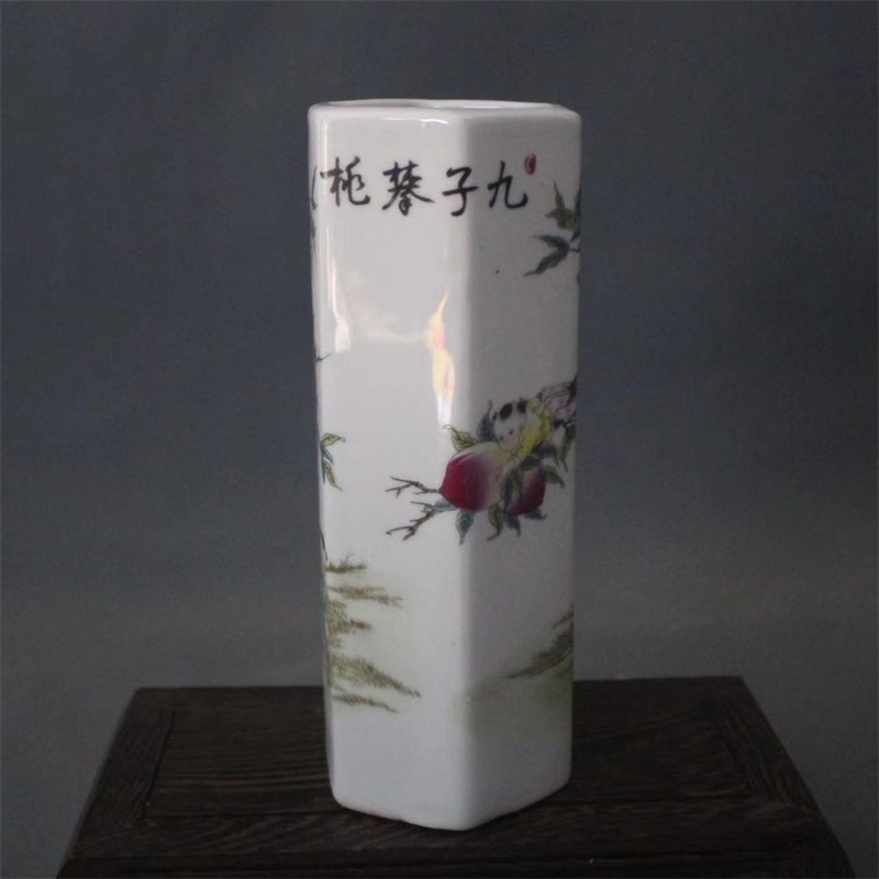 美帮汇景德镇仿古陶瓷乾隆粉彩九子蟠桃六方高笔筒家居桌面展柜摆件高清大图