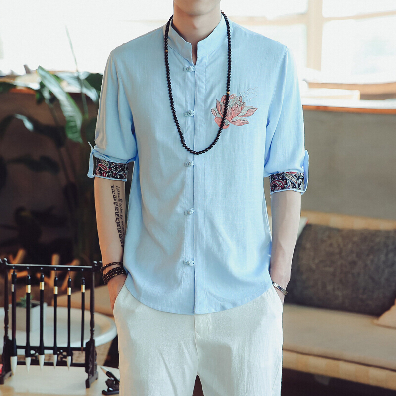 中国风男装唐装亚麻中式盘扣七分袖衬衫刺绣衬衫立领民族复古大码