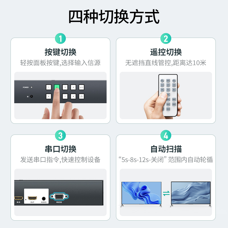 迈拓维矩 MT-HD0801W 无缝切换器8进1出hdmi 秒切不黑屏4k笔记本视频会议主机监控显示器大屏切屏器高清大图