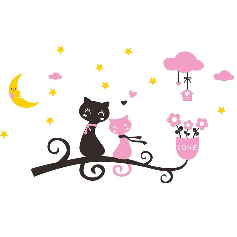 月亮猫亚克力立体墙贴自粘卡通创意装饰卧室客厅女孩房间装饰贴画月亮