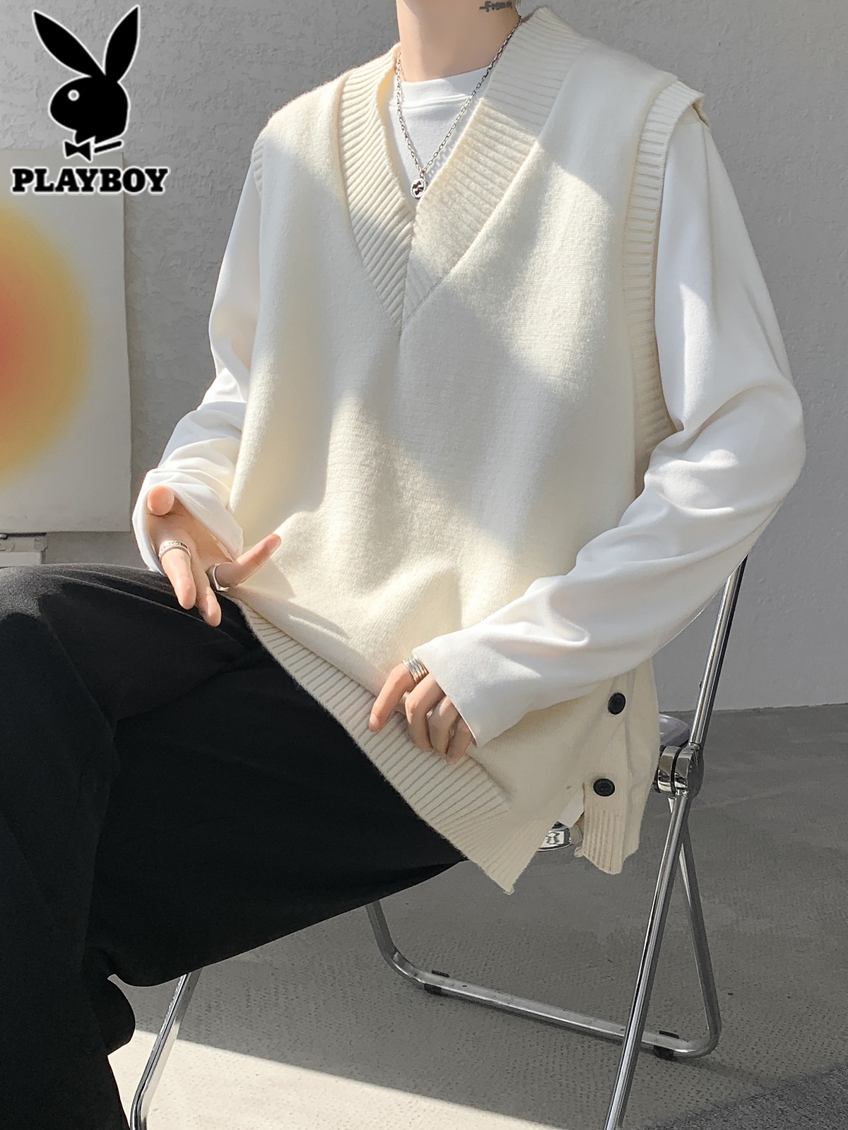 花花公子v领毛衣背心男士秋冬季潮牌青少年学院风内搭针织衫马背高清大图