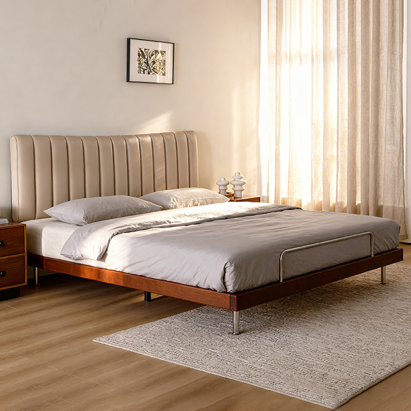 实木床超薄床钢琴键包豪斯高脚床双人床主卧床卧室床婚床皮艺软包床高清大图