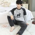 男士睡衣冬季可外穿法兰绒加绒加厚冬天睡衣男款珊瑚绒家居服套装 XL建议【120-145斤】 迷鹿绣花撞色长绒【套头】