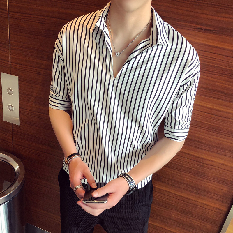 条纹衬衫男休闲套头五分袖衬衣宽松v领男士衬衫薄款夏款中袖寸衣