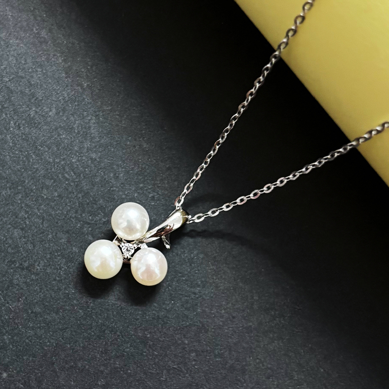 北京黄金 925 银天然珍珠三珠项链 三角锆石轻奢通勤送礼套链高清大图