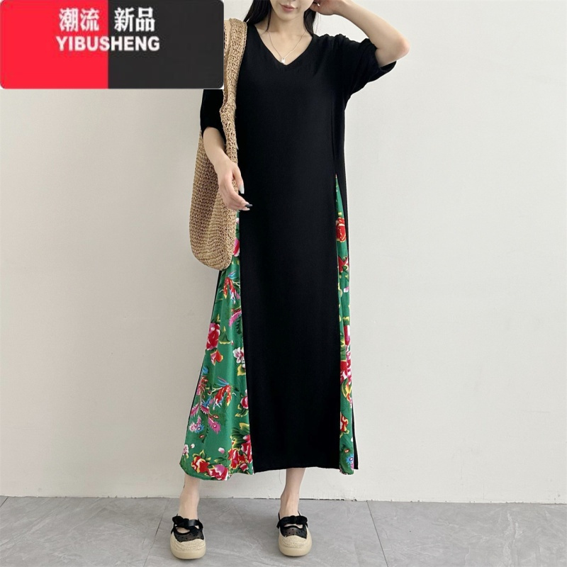 YIBUSHENG季女士新款棉绸连衣裙V领短袖收腰百搭中长款拼接裙大码人造棉