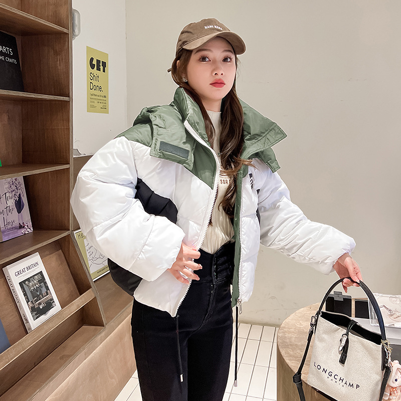 棉服女短款宽松拼接撞色个性保暖棉衣甜酷小个子加厚棉袄外套冬潮 浅绿色帽子 M