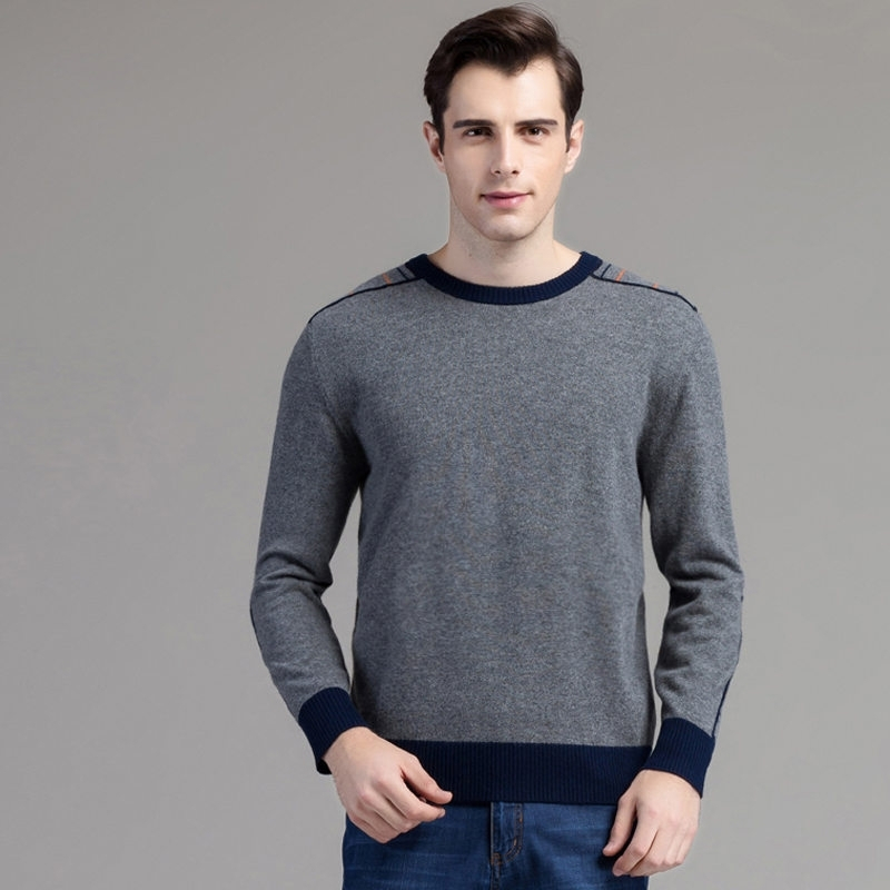 秋冬新款男士圆领彩条拼接山羊绒衫套头毛衣保暖针织衫加厚打