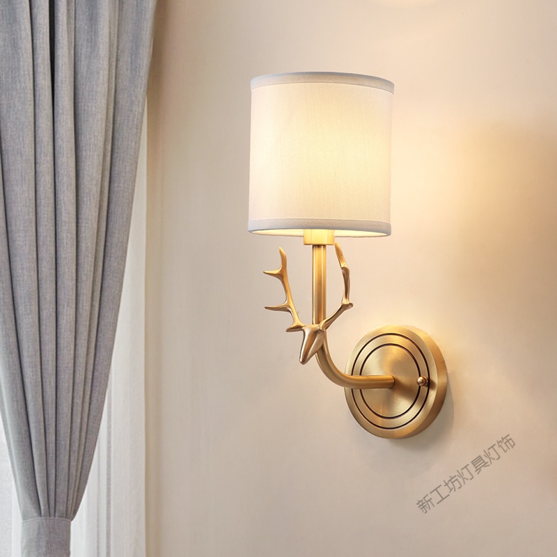 苏宁放心购 鹿头壁灯卧室床头灯全铜美式客厅背景墙过道楼梯创意网红鹿角灯饰高清大图