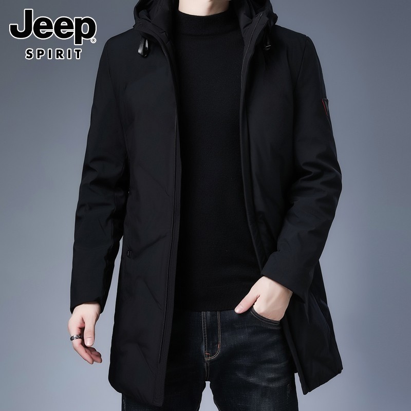 Jeep吉普羽绒服男士冬季白鸭绒连帽羽绒衣中长款保暖黑色外套男装
