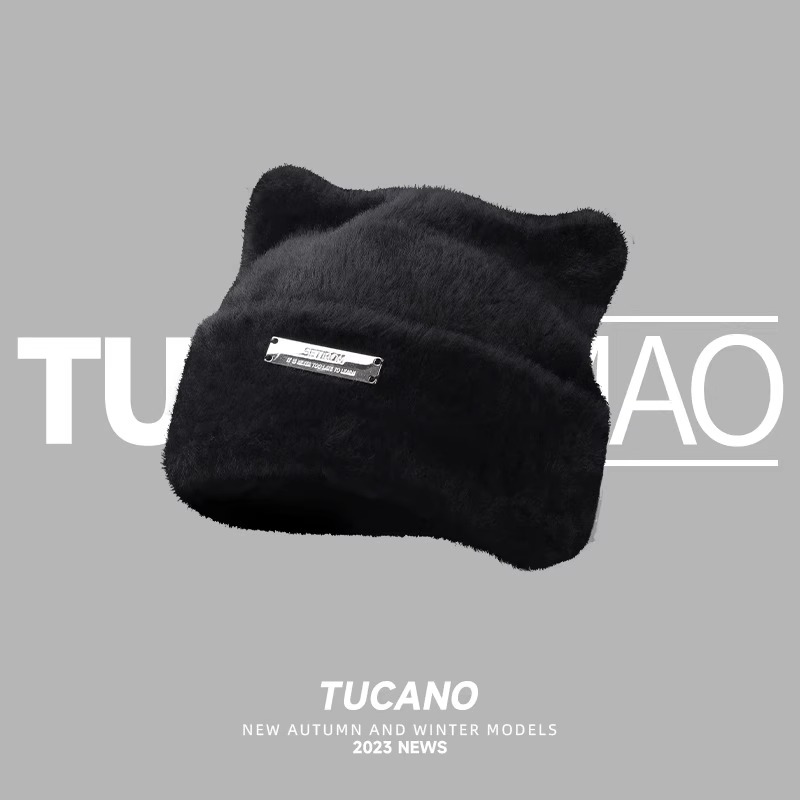 帽子女冬季可爱猫耳朵针织冷帽毛线帽百搭护耳保暖包头毛绒堆毛耳高清大图