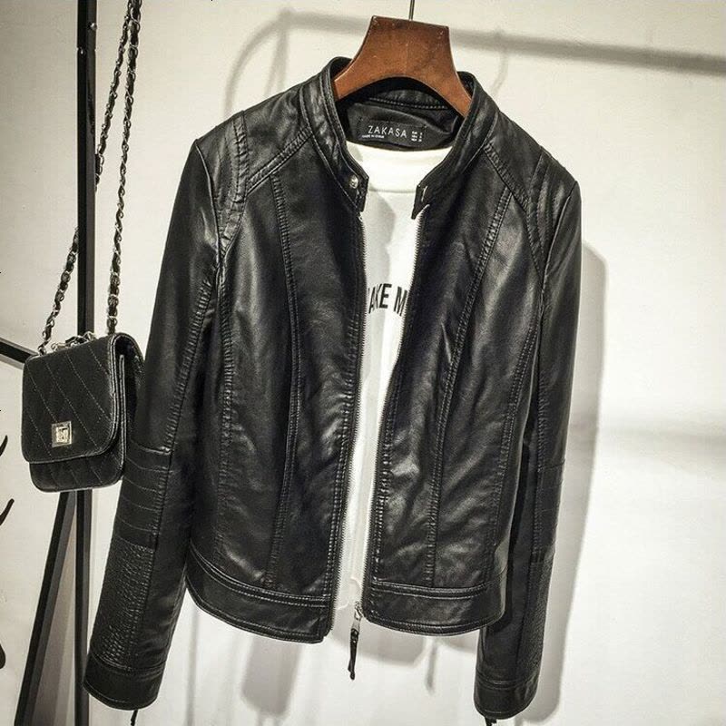 皮衣女短款修身pu皮夹克2018春秋装新款欧美粉色立领机车小外套潮图片