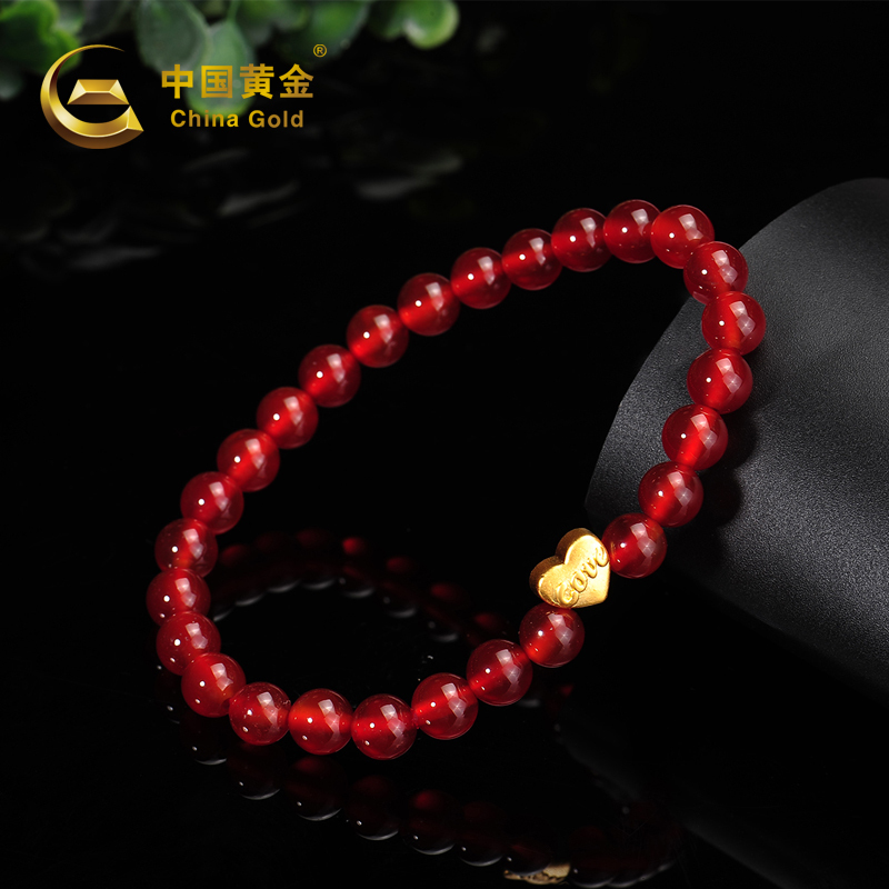 中国黄金 足金爱心玉髓（红玛瑙）手串