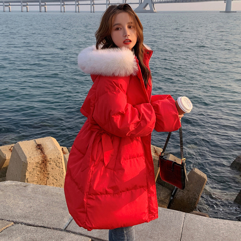 basket红色羽绒棉服女中长款冬季韩版连帽小个子结婚新娘加厚棉袄外套