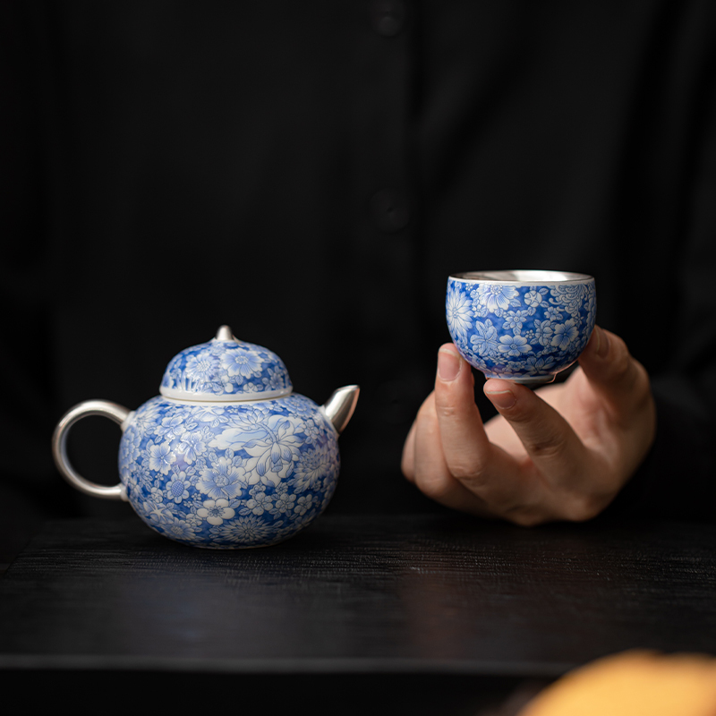 苏氏陶瓷(SUSHI CERAMICS)鎏银百花茶壶小套装非遗大师郑文强作品功夫茶具