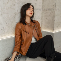 举翼王子海宁新款真皮夹克立领短款韩版修身皮衣外套女装