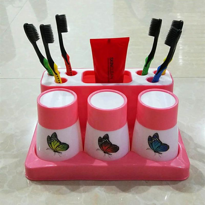 1/2/3口之家牙刷架洗漱套装情侣牙膏架漱口杯牙刷盒刷牙杯架台式 粉色蝴蝶杯