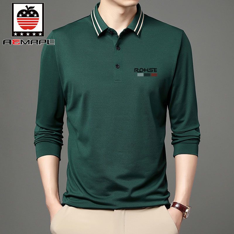 爱曼普新款含棉男士polo衫时尚条纹领纯色百搭休闲长袖薄款T恤男