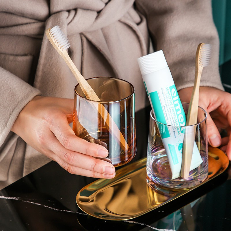 ins风简约家用刷牙杯漱口杯 洗漱杯套装 情侣杯创意北欧牙缸水杯 三维工匠 琥珀色玻璃杯+炫彩玻璃杯+椭圆镀金盘中号