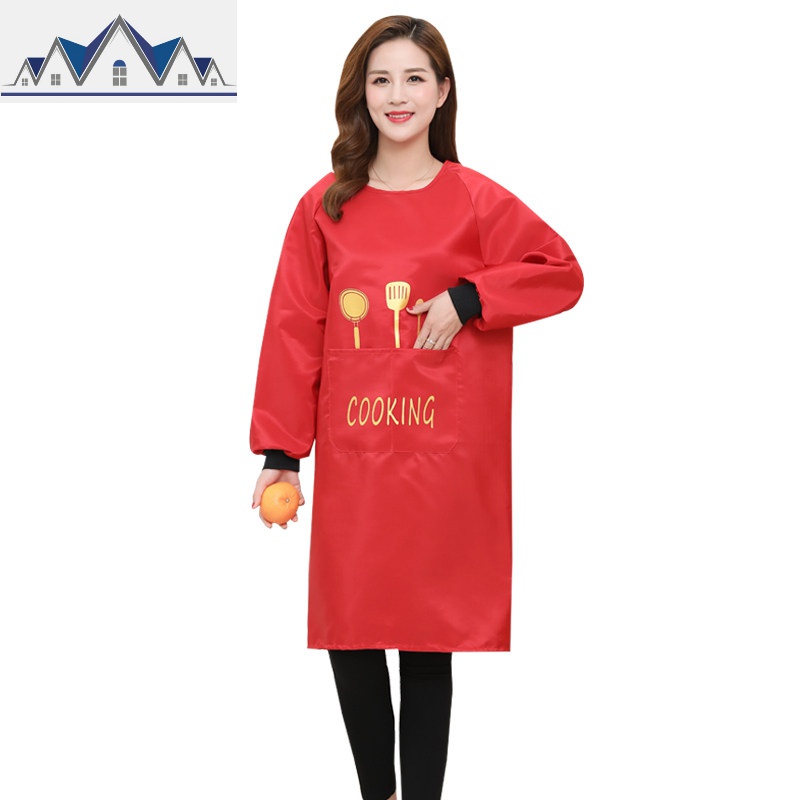 反穿罩衣大人长袖女时尚防水厨房家用围裙男士定制logo印字工作服_1_573 女士--大红【均码XL】推荐161-200斤【后背可调节松紧