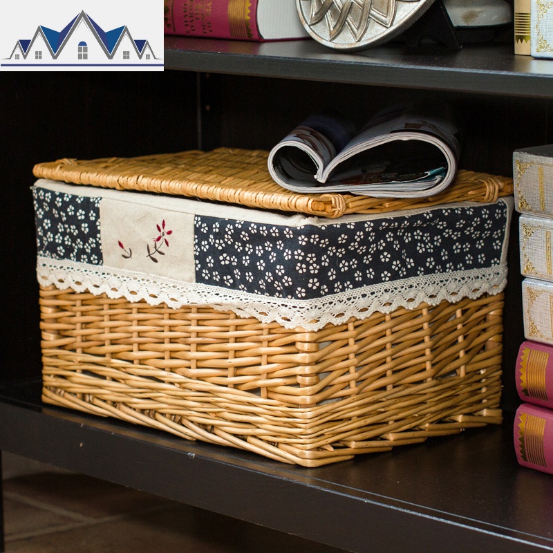 藤编有盖收纳筐柳编脏衣服篮衣柜储物筐整理盒收纳箱衣橱电视柜盒 三维工匠收纳篮 【蜜色筐】-藏蓝手工刺绣布三号