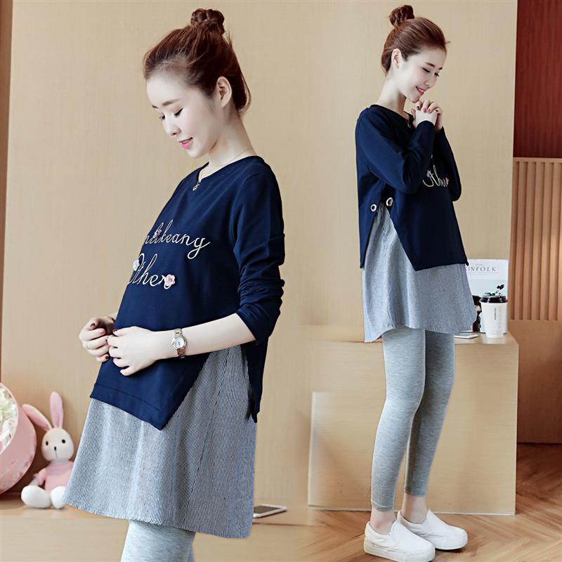 新款春孕妇装中长款宽松大码孕妇上衣两件套孕妇套装棉t恤孕晚期