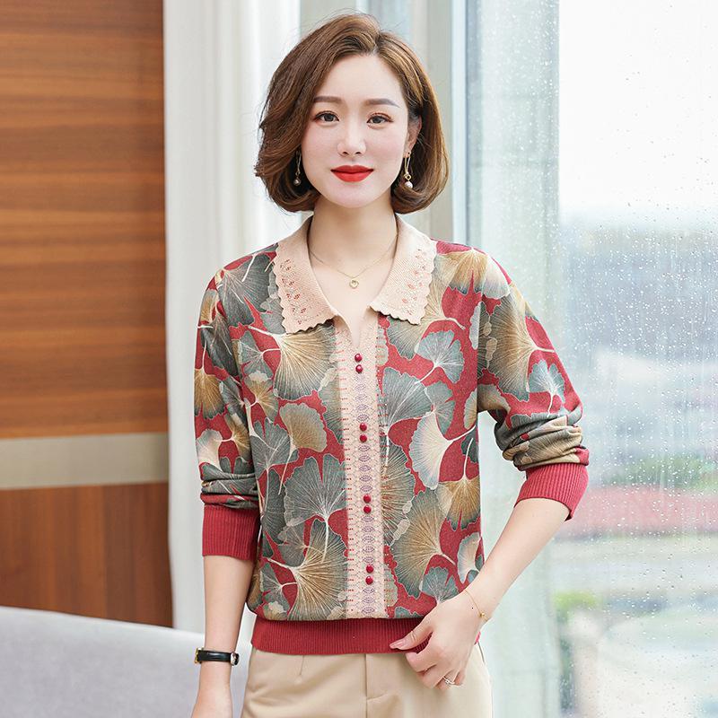 妈妈装早秋新款宽松上衣女时尚气质秋冬翻领针织打底衫中老年女装