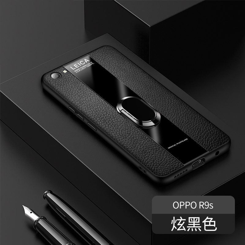 [送钢化膜]高铭宣oppor9s手机壳r9保时捷商务指环支架玻璃男士r9splus全包个性创意r r9s[炫黑色]指环款