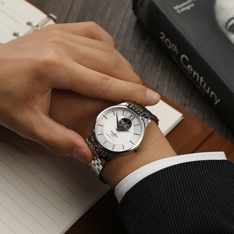 天梭(TISSOT)瑞士品牌手表男俊雅系列1853镂空全自动机械表送男友 白盘钢带T063.907.11.038.00高清大图
