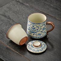 金镶玉仿宋汝窑茶杯 陶瓷带过滤茶水杯马克杯办公家用泡茶具 缠枝莲青花