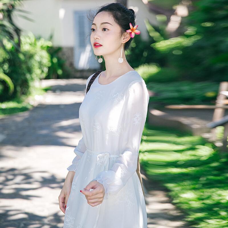 2017夏季新品女装长袖白色雪纺连衣裙波西米亚长裙海边度假沙滩裙白色