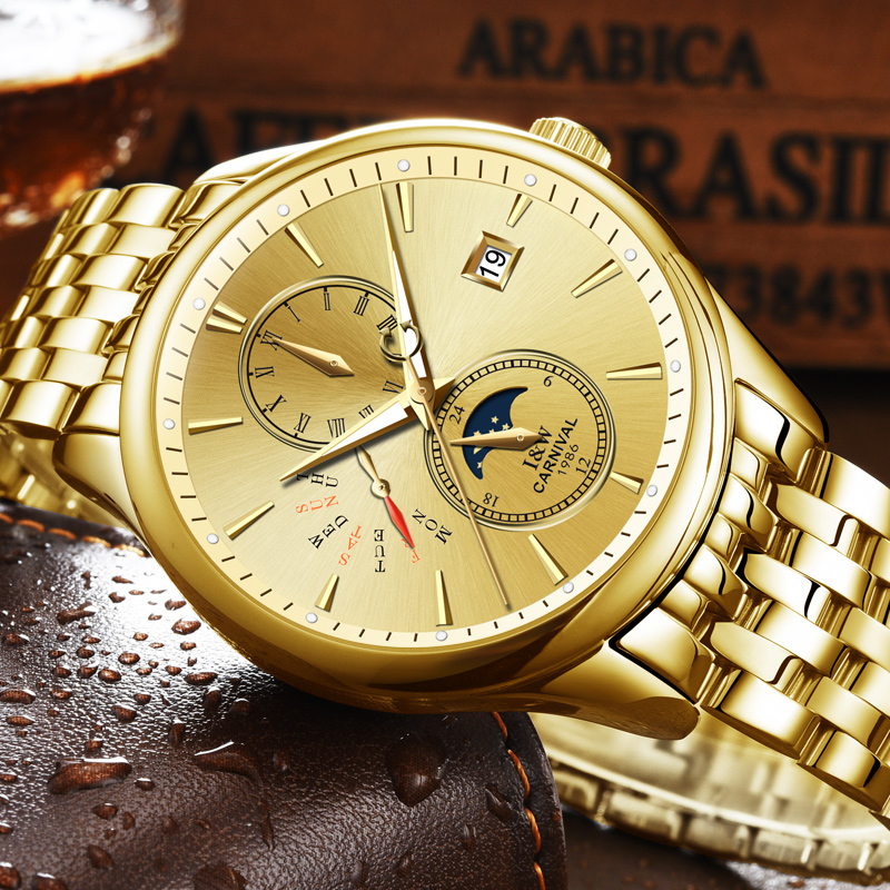 瑞士嘉年华CARNIVAL手表全自动机械表 男新款商务防水手表男士夜光男表星辰日历金色男表时尚休闲金属精钢腕表8732高清大图