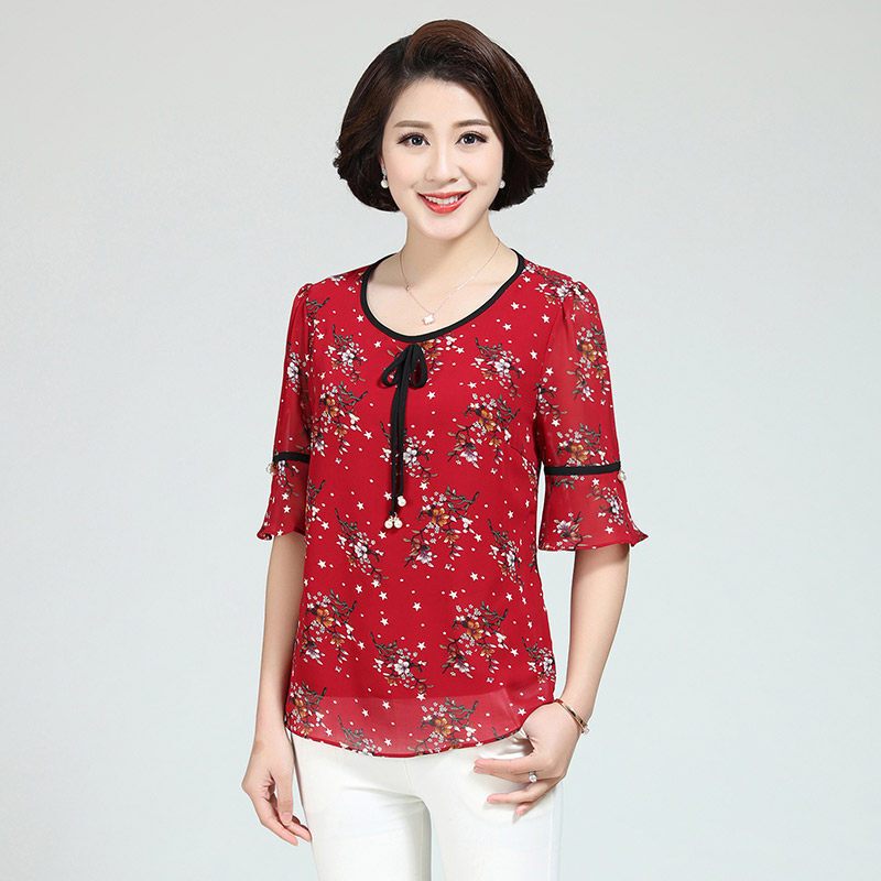 妈妈雪纺衫宽松大码4050岁夏季短袖中老年小衫时尚中年t恤女上衣