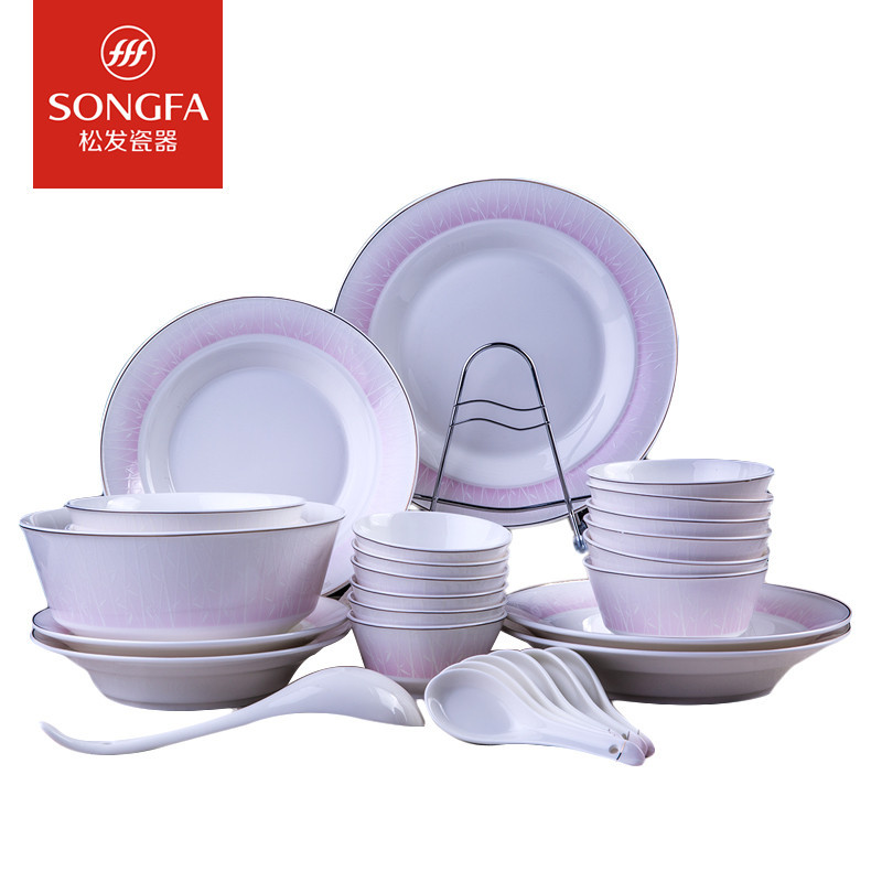 松发陶瓷28头套装雅风系列竹幽秘境(粉)餐具套装筷子勺子碗盘组合装a.