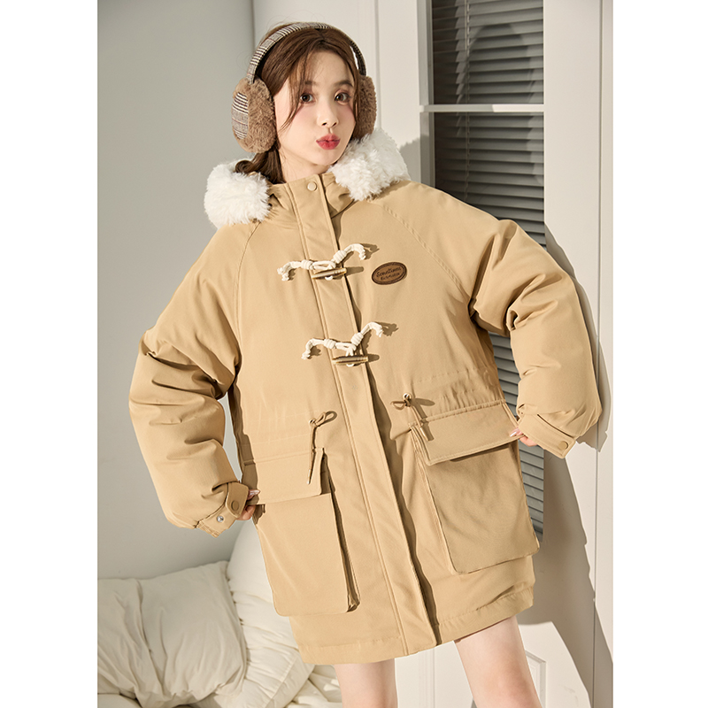 唐狮羽绒服女中长款2024年冬季新款美拉德学院风加厚连帽外套_38108 M 核桃卡（第一批）