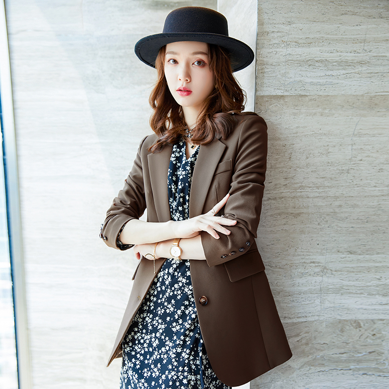 女先生百搭新款秋装女装中长款修身休闲ol气质通勤职业咖啡色西装外套