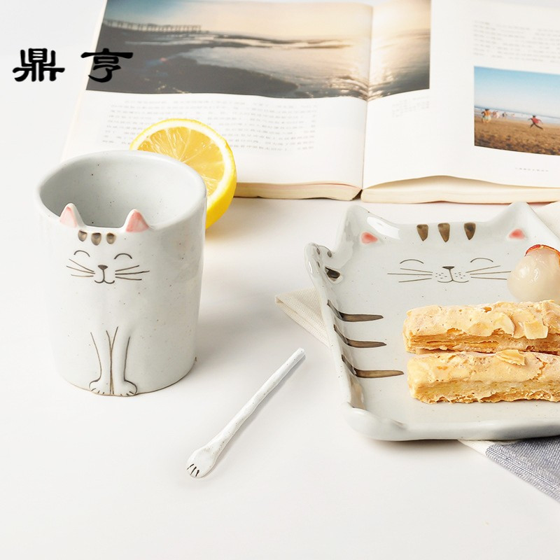 鼎亨猫咪杯子景德镇手绘日式萌猫杯可爱创意陶瓷咖啡杯碟套装带勺