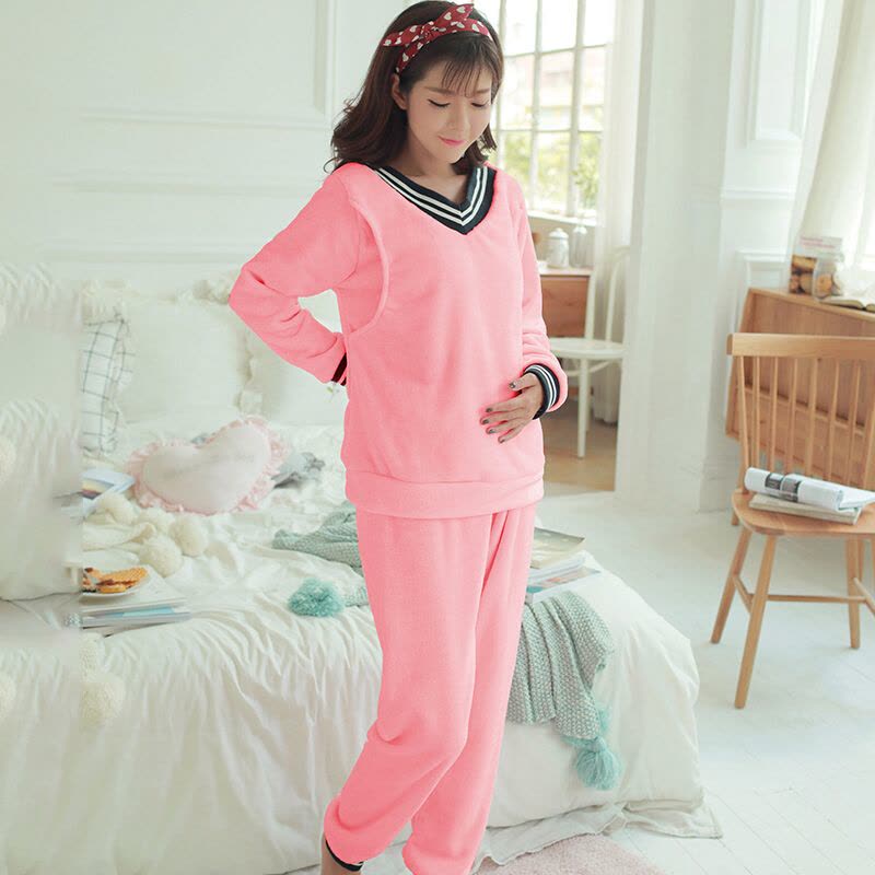 迪鲁奥（DILUAO)孕妇睡衣珊瑚绒套装月子睡衣月子家居服睡衣珊瑚绒哺乳睡衣套装孕妇睡衣冬季加绒b909-37 粉红图片