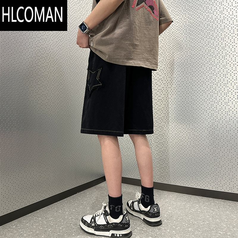 HLCOMAN胖胖哥美式黑色牛仔短裤男款夏季薄款2024新款宽松五分裤