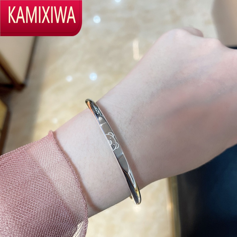 kamixiwa小熊999银手镯女款推拉足银镯子实心光面日韩网红银饰品