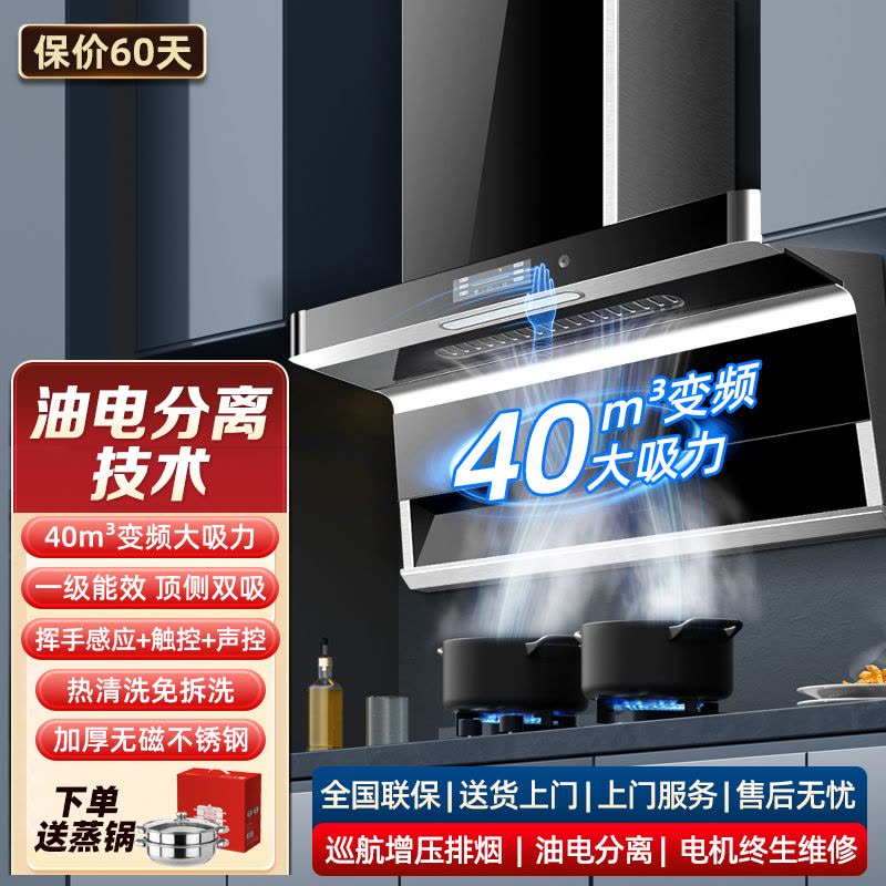 [保五年]直流变频智能语音油电分离欢呼好太太油烟机 家用厨房抽油烟机侧吸顶侧双吸单烟机 40立方大吸力自行安装B919图片