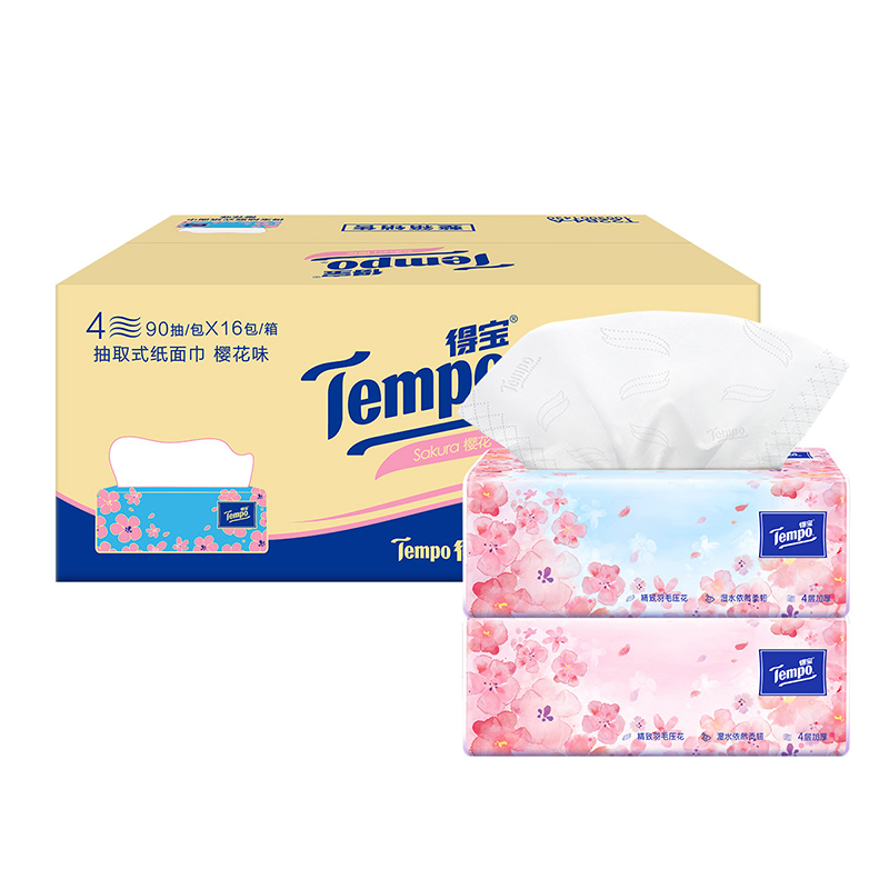得宝(Tempo) 樱花味抽纸 4层90抽*16包软抽(整箱销售)