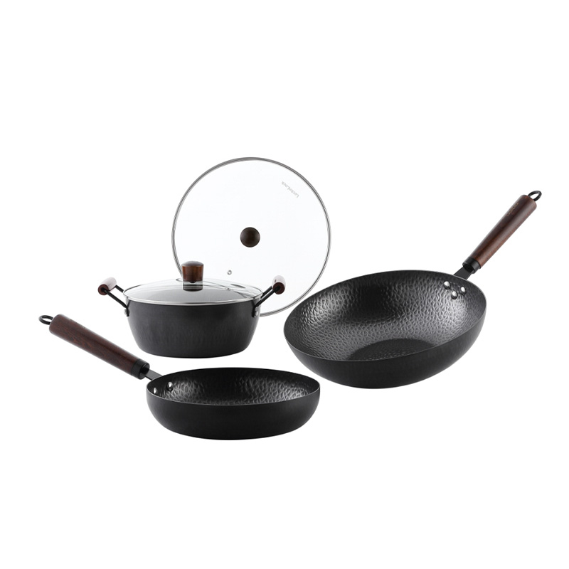 乐扣乐扣铁锅三件套锻纹精铁家用炒锅汤锅煎锅CIW3203S02