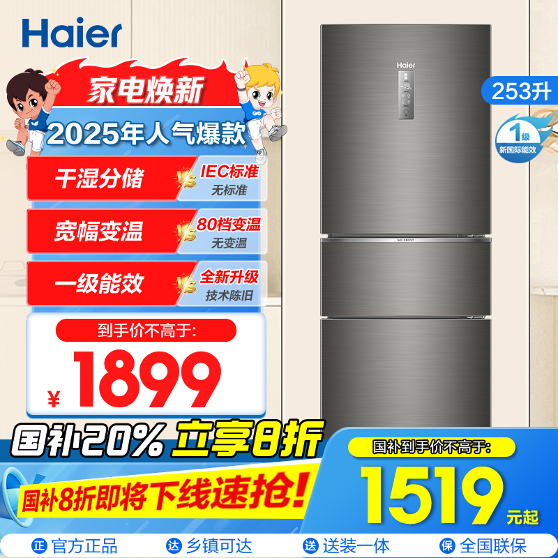 海尔(Haier)253升三门冰箱 双变频一级 干湿分储 宽幅变温 租房家用小冰箱 国补 BCD-253WDPDU1