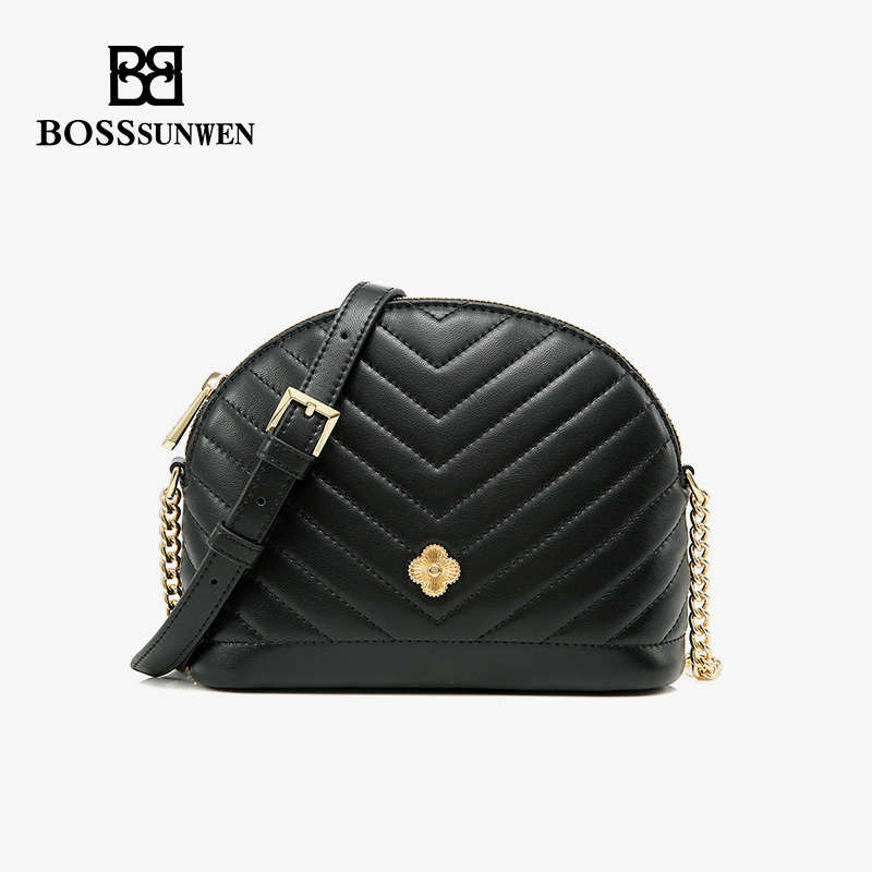 bosssunwen博斯绅威包包女斜挎菱格白色链条包小包贝壳包
