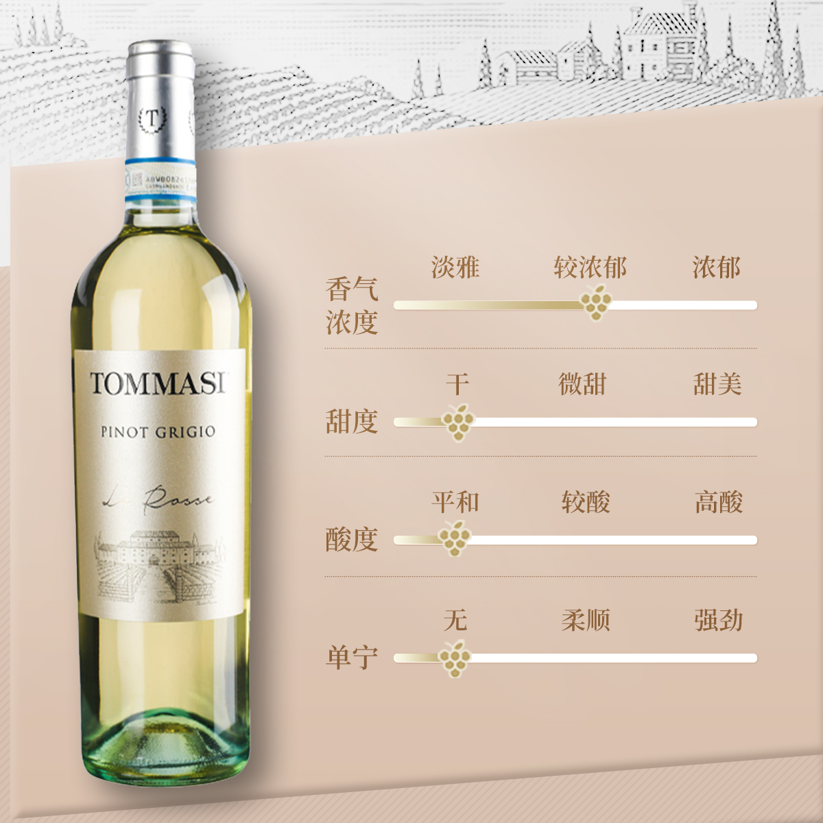 托马斯罗斯庄园灰比诺白葡萄酒意大利Tommasi原瓶进口红酒单支装高清大图