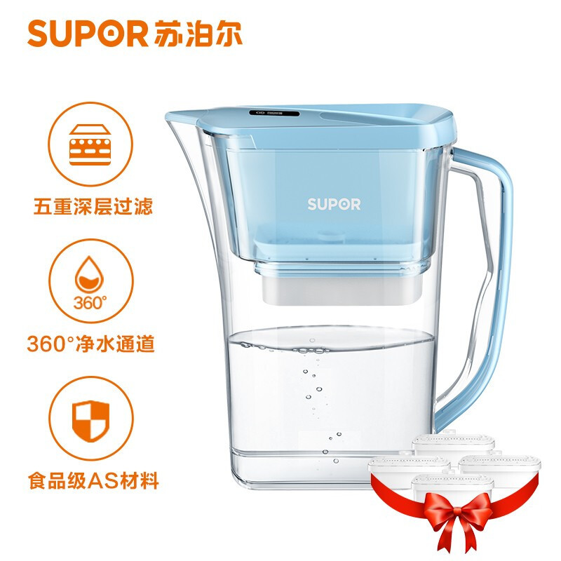 苏泊尔(SUPOR)过滤净水器 家用滤水壶 自来水过滤器净水壶 J-UF01(蓝色)一壶四芯