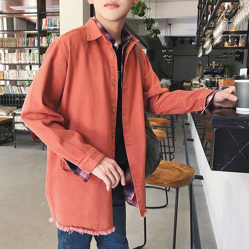 2018春装年轻外套帅气水洗毛边衬衫式风衣潮原创青少年港风BF上衣