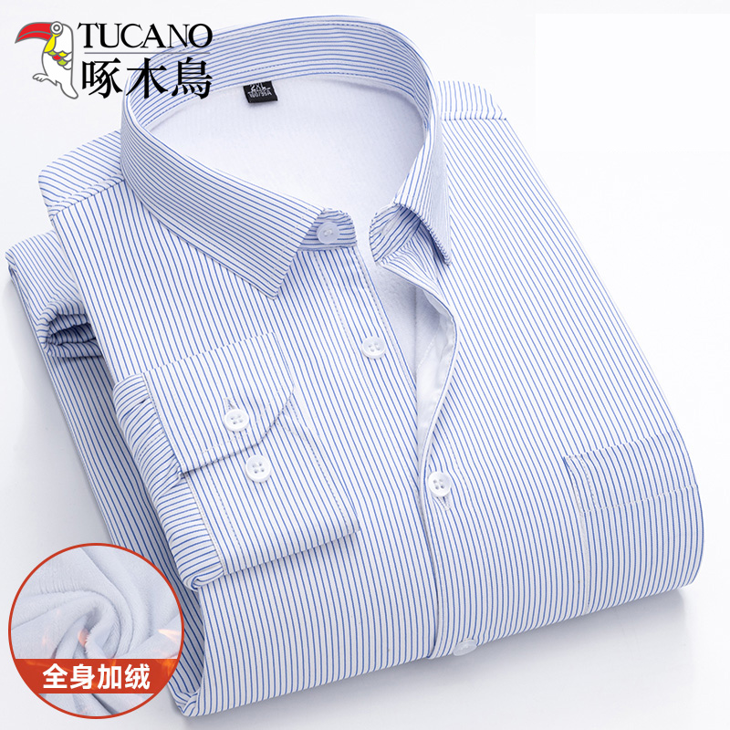 啄木鸟冬季男士保暖衬衫男加绒加厚中年长袖条纹保暖衬衣男爸绒袖高清大图