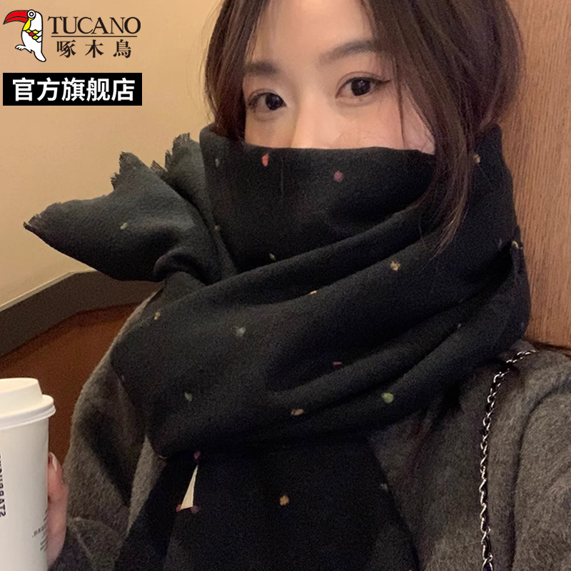 啄木鸟2024冬新款白色围巾女保暖加厚氛围感高级感韩版围脖秋冬感高清大图